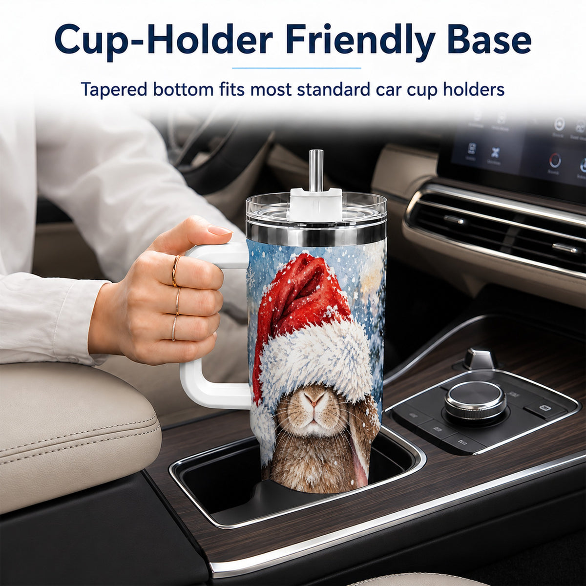 Winter Bunny 40oz Tumbler with Handle, Santa Hat Travel Cup