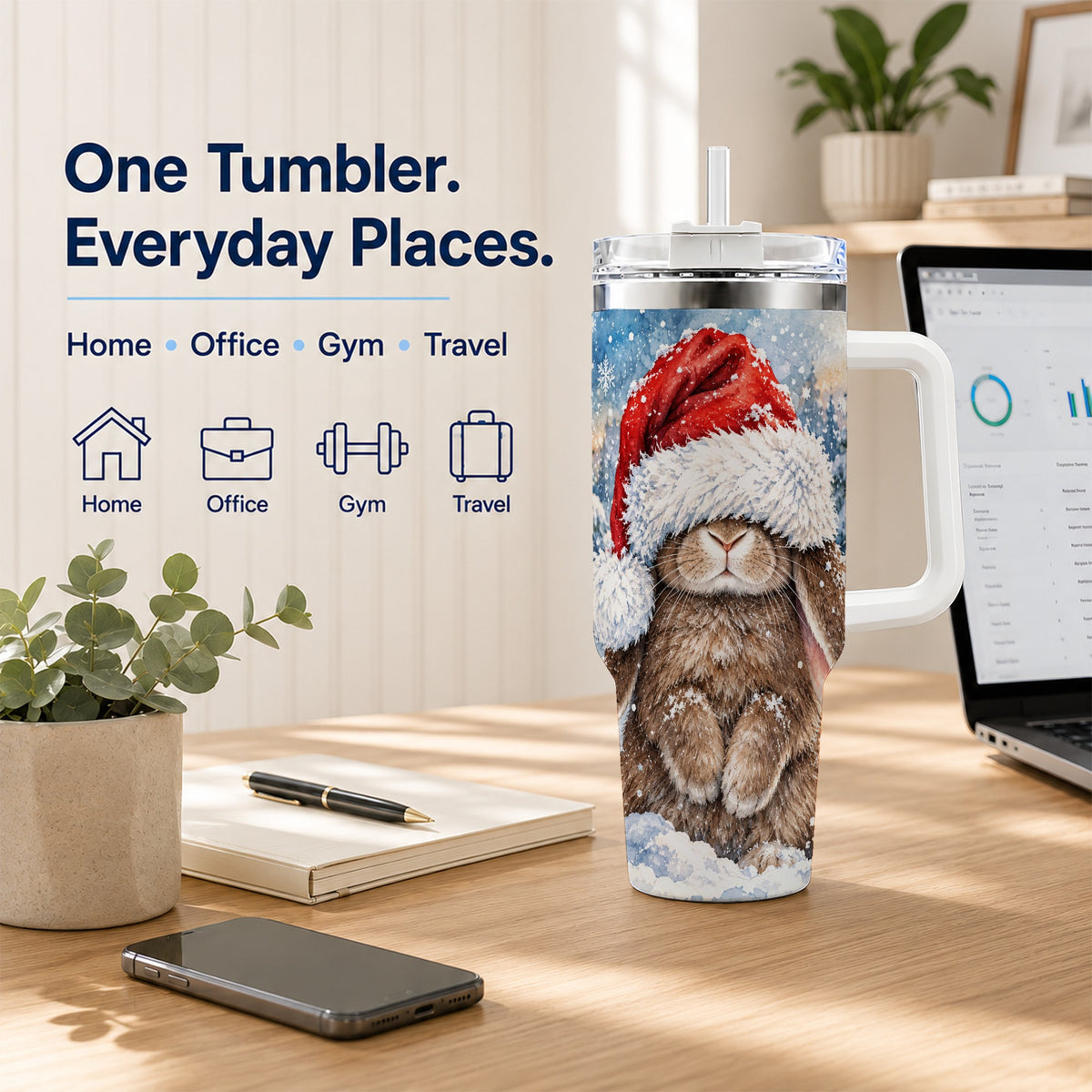 Winter Bunny 40oz Tumbler with Handle, Santa Hat Travel Cup