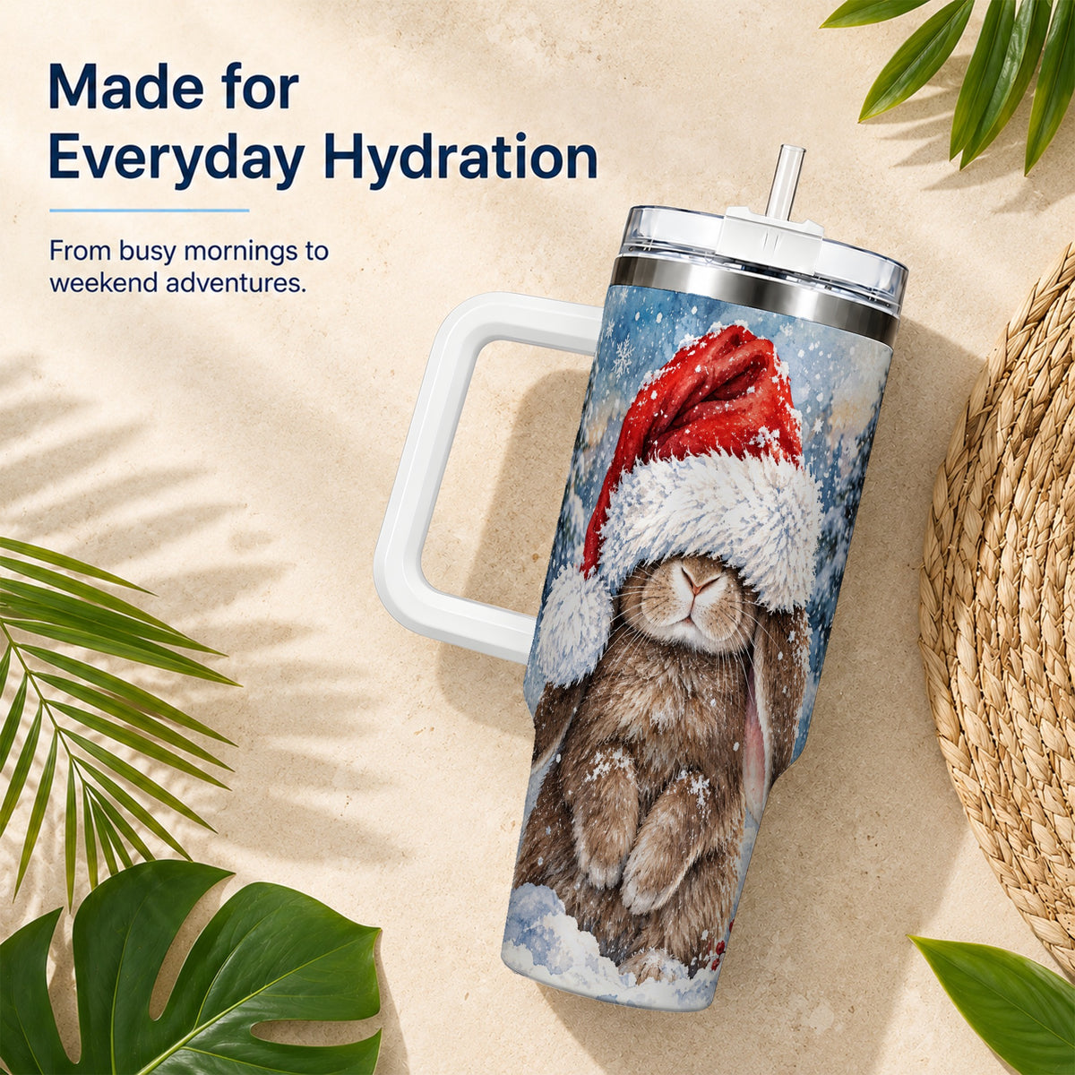 Winter Bunny 40oz Tumbler with Handle, Santa Hat Travel Cup