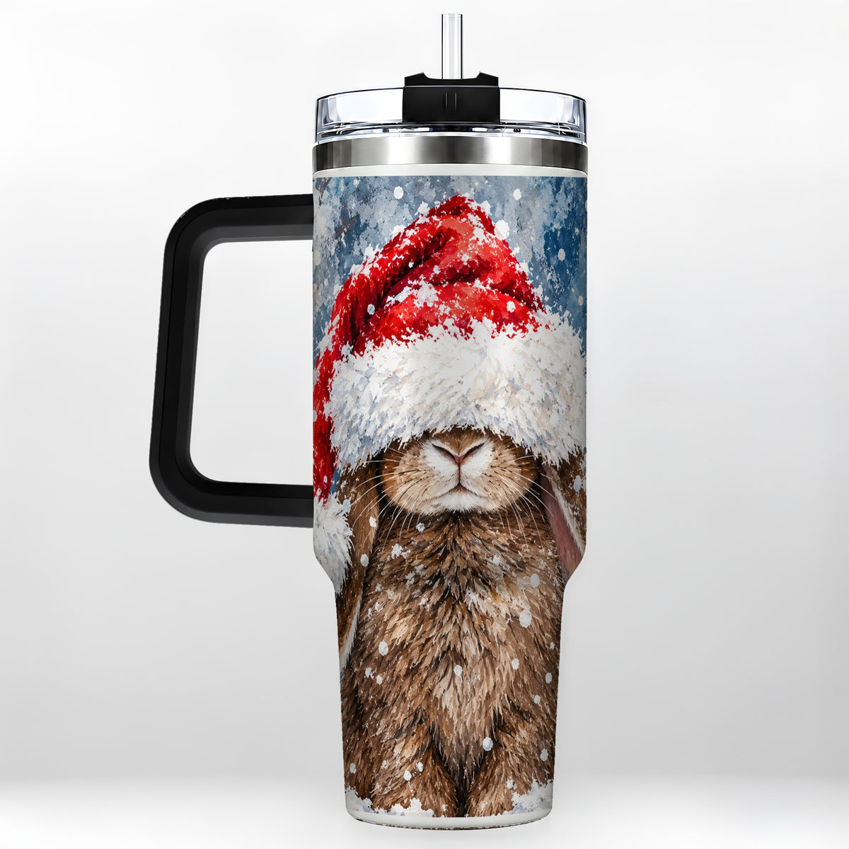 #pl[40oz|Black] Snowy Bunny 40oz Tumbler with Handle, Santa Hat Travel Cup