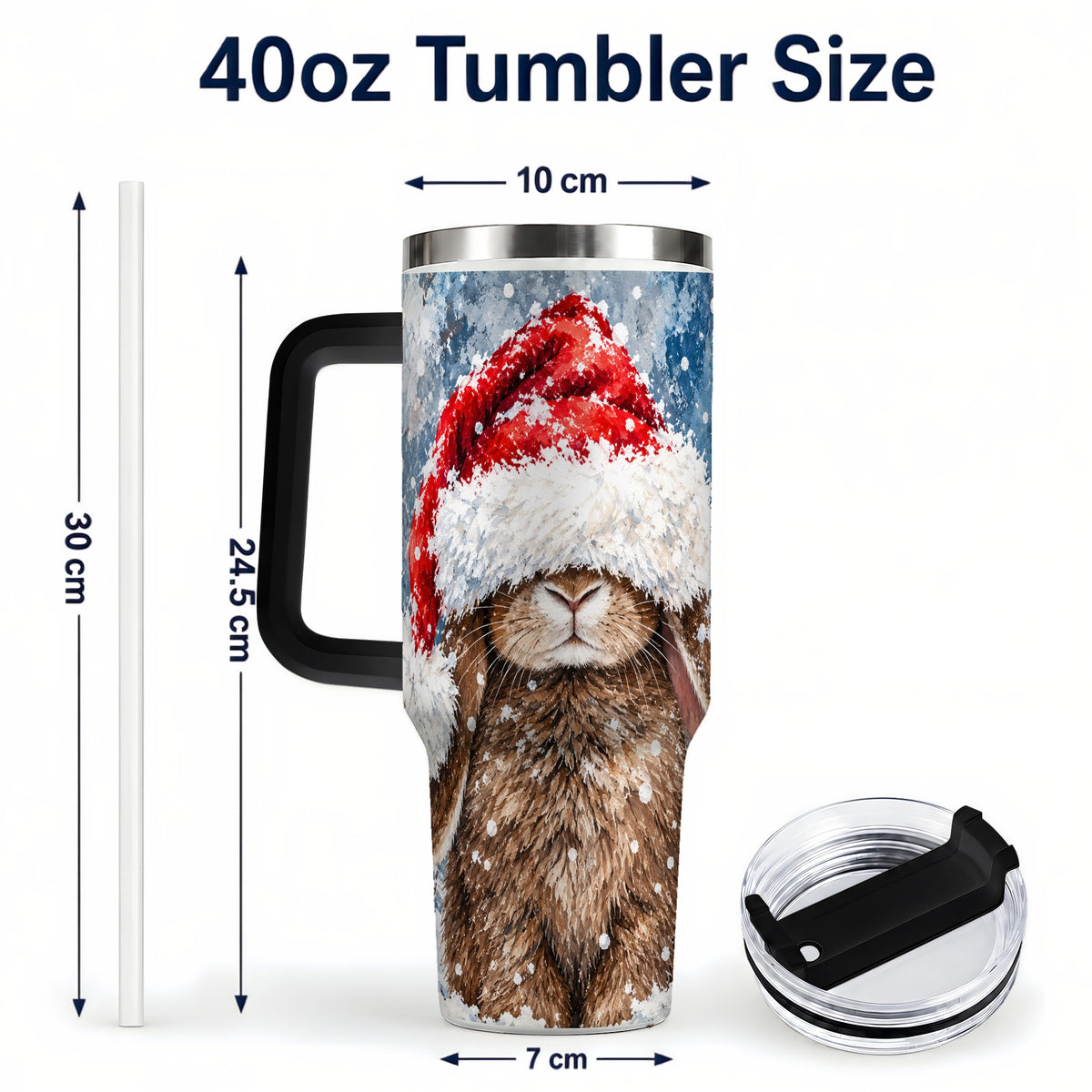 #pl[40oz|Black] Snowy Bunny 40oz Tumbler with Handle, Santa Hat Travel Cup