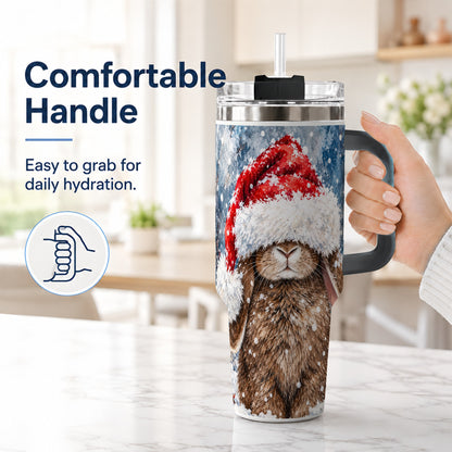 #pl[40oz|Black] Snowy Bunny 40oz Tumbler with Handle, Santa Hat Travel Cup
