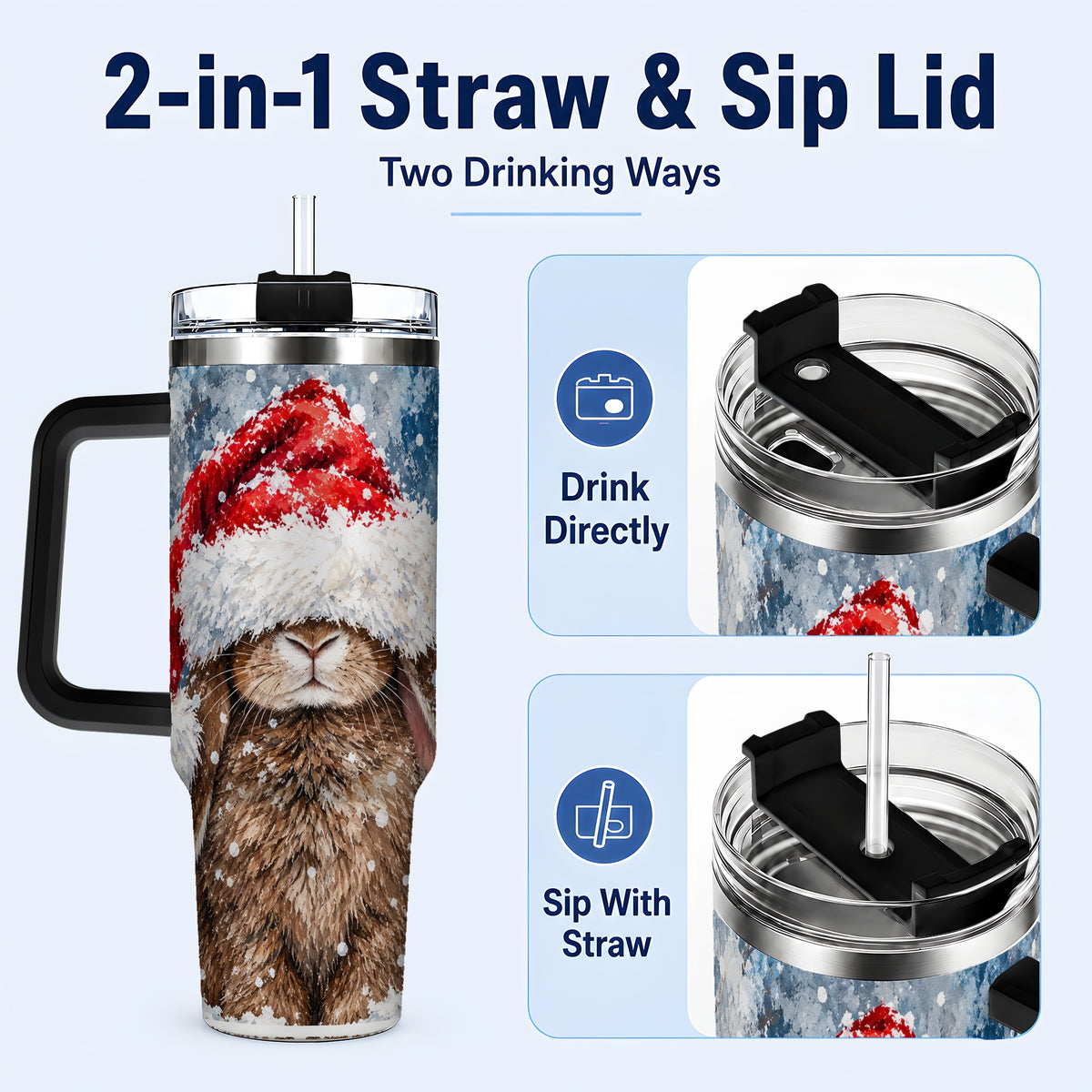 #pl[40oz|Black] Snowy Bunny 40oz Tumbler with Handle, Santa Hat Travel Cup