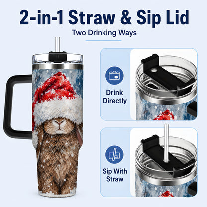 #pl[40oz|Black] Snowy Bunny 40oz Tumbler with Handle, Santa Hat Travel Cup