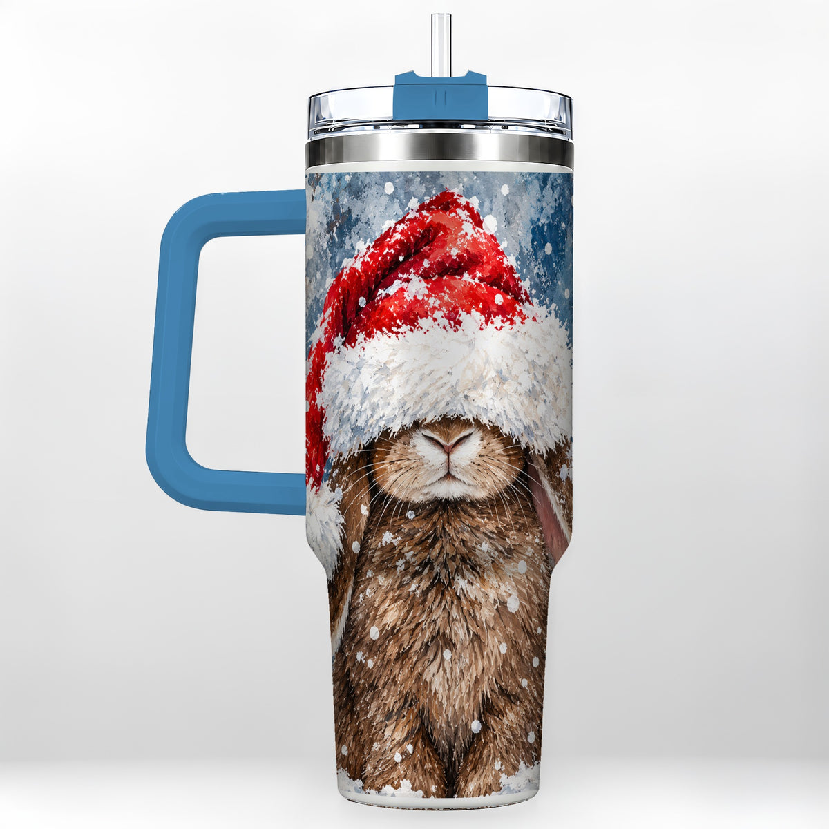 #pl[40oz|Blue] Snowy Bunny 40oz Tumbler with Handle, Santa Hat Travel Cup