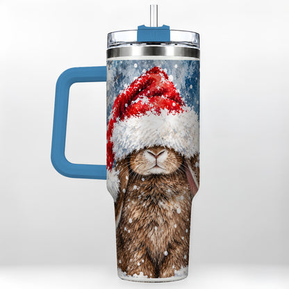 #pl[40oz|Blue] Snowy Bunny 40oz Tumbler with Handle, Santa Hat Travel Cup