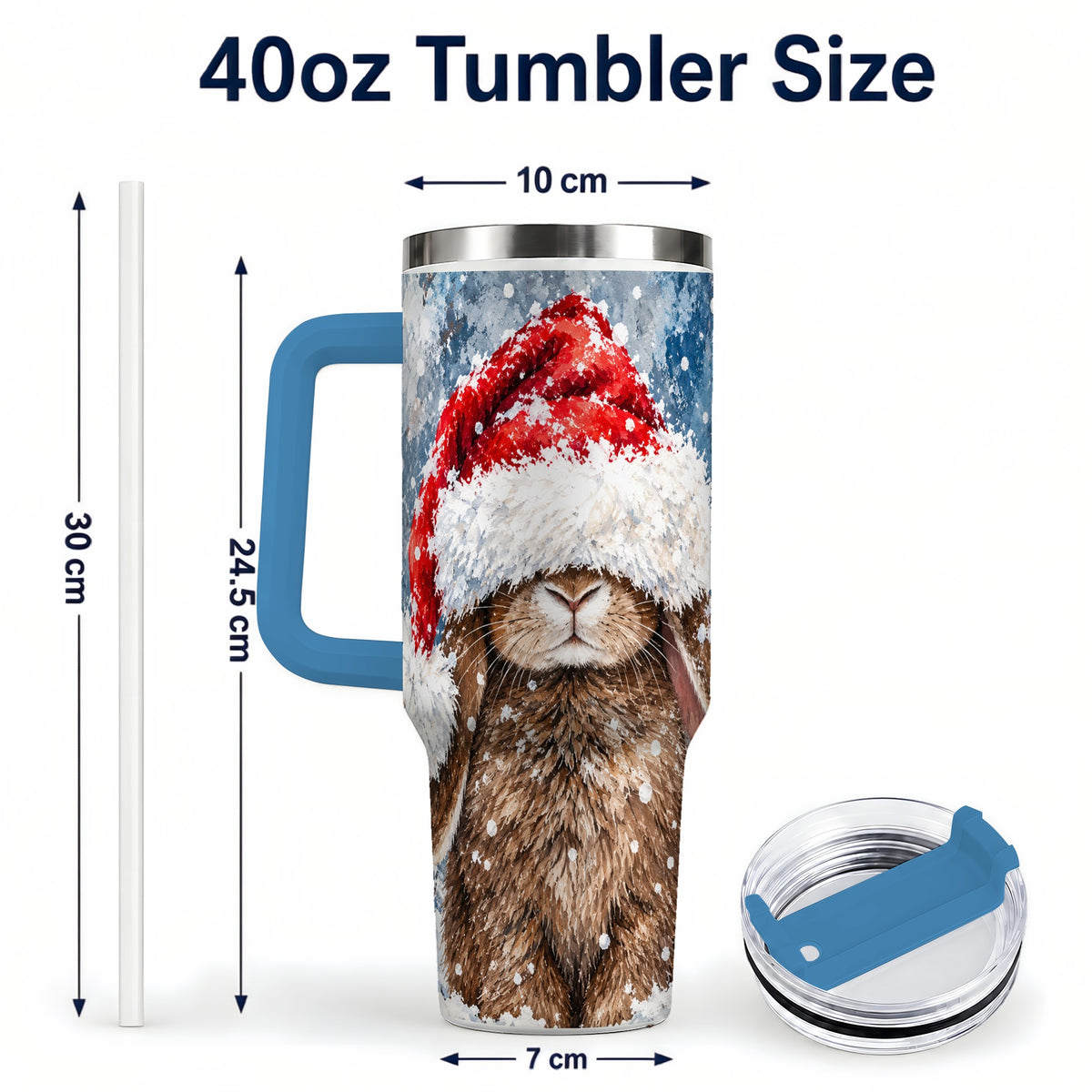 #pl[40oz|Blue] Snowy Bunny 40oz Tumbler with Handle, Santa Hat Travel Cup