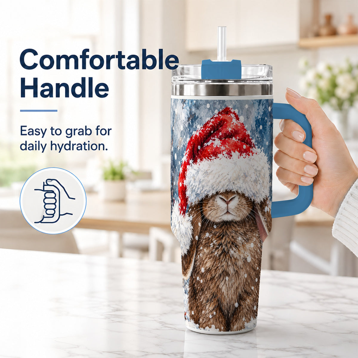 #pl[40oz|Blue] Snowy Bunny 40oz Tumbler with Handle, Santa Hat Travel Cup