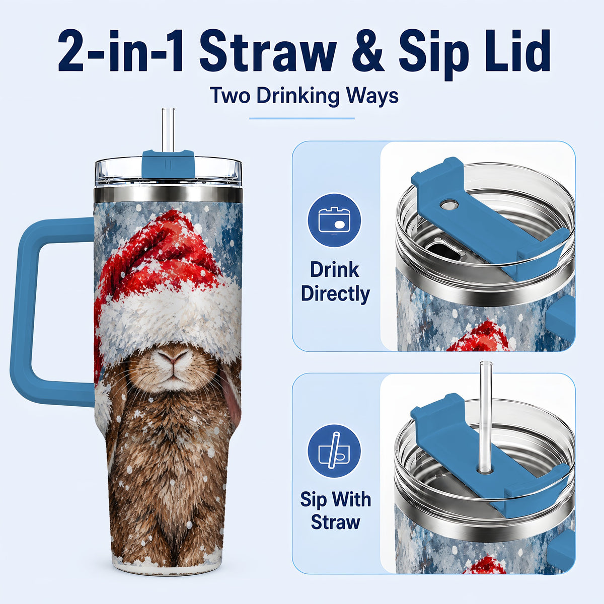 #pl[40oz|Blue] Snowy Bunny 40oz Tumbler with Handle, Santa Hat Travel Cup