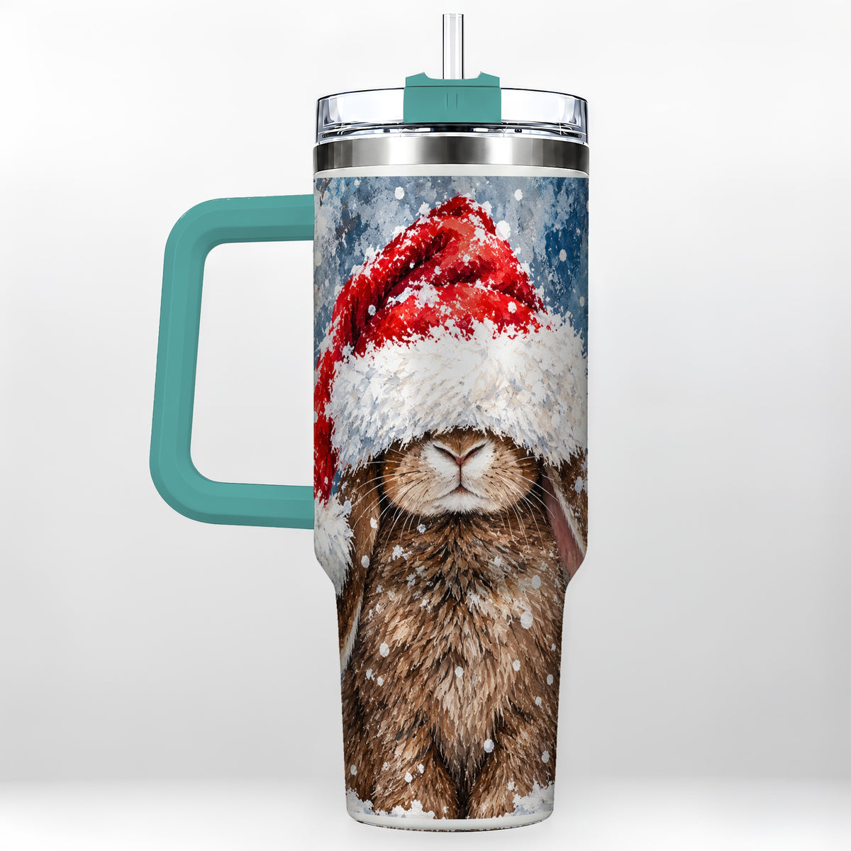 #pl[40oz|Green] Snowy Bunny 40oz Tumbler with Handle, Santa Hat Travel Cup