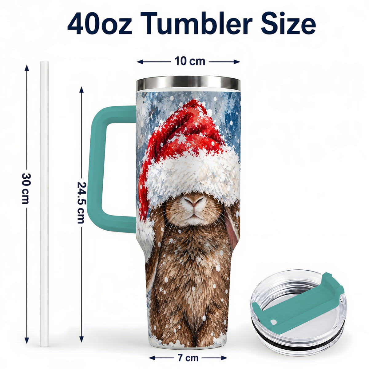 #pl[40oz|Green] Snowy Bunny 40oz Tumbler with Handle, Santa Hat Travel Cup