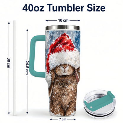 #pl[40oz|Green] Snowy Bunny 40oz Tumbler with Handle, Santa Hat Travel Cup