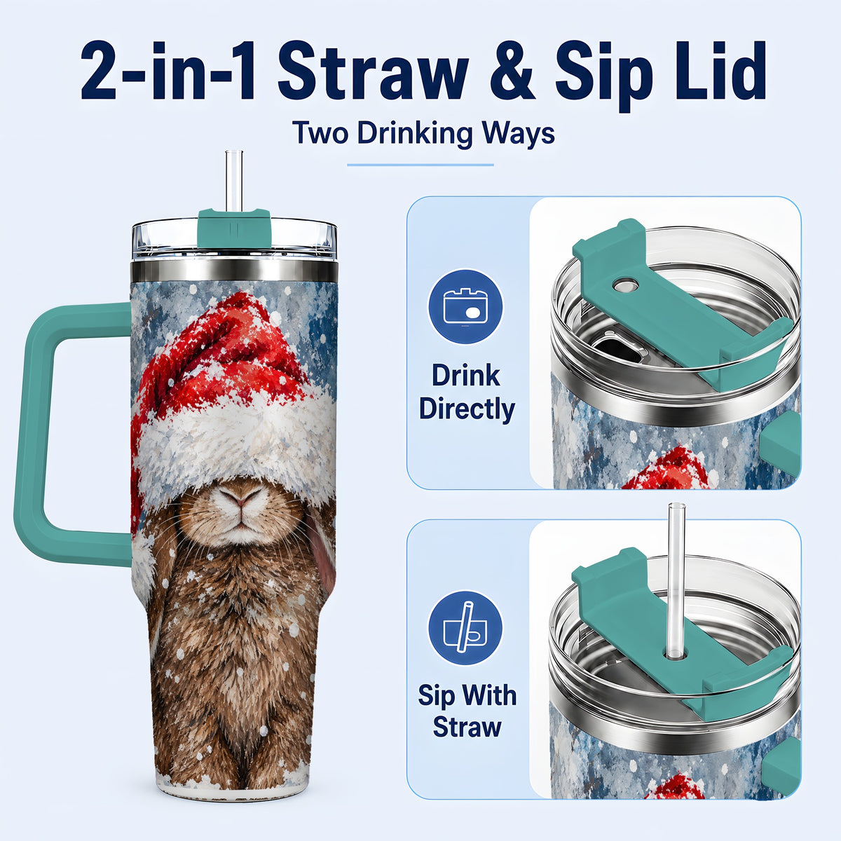 #pl[40oz|Green] Snowy Bunny 40oz Tumbler with Handle, Santa Hat Travel Cup