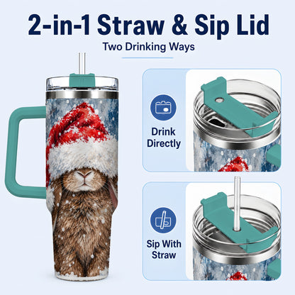 #pl[40oz|Green] Snowy Bunny 40oz Tumbler with Handle, Santa Hat Travel Cup