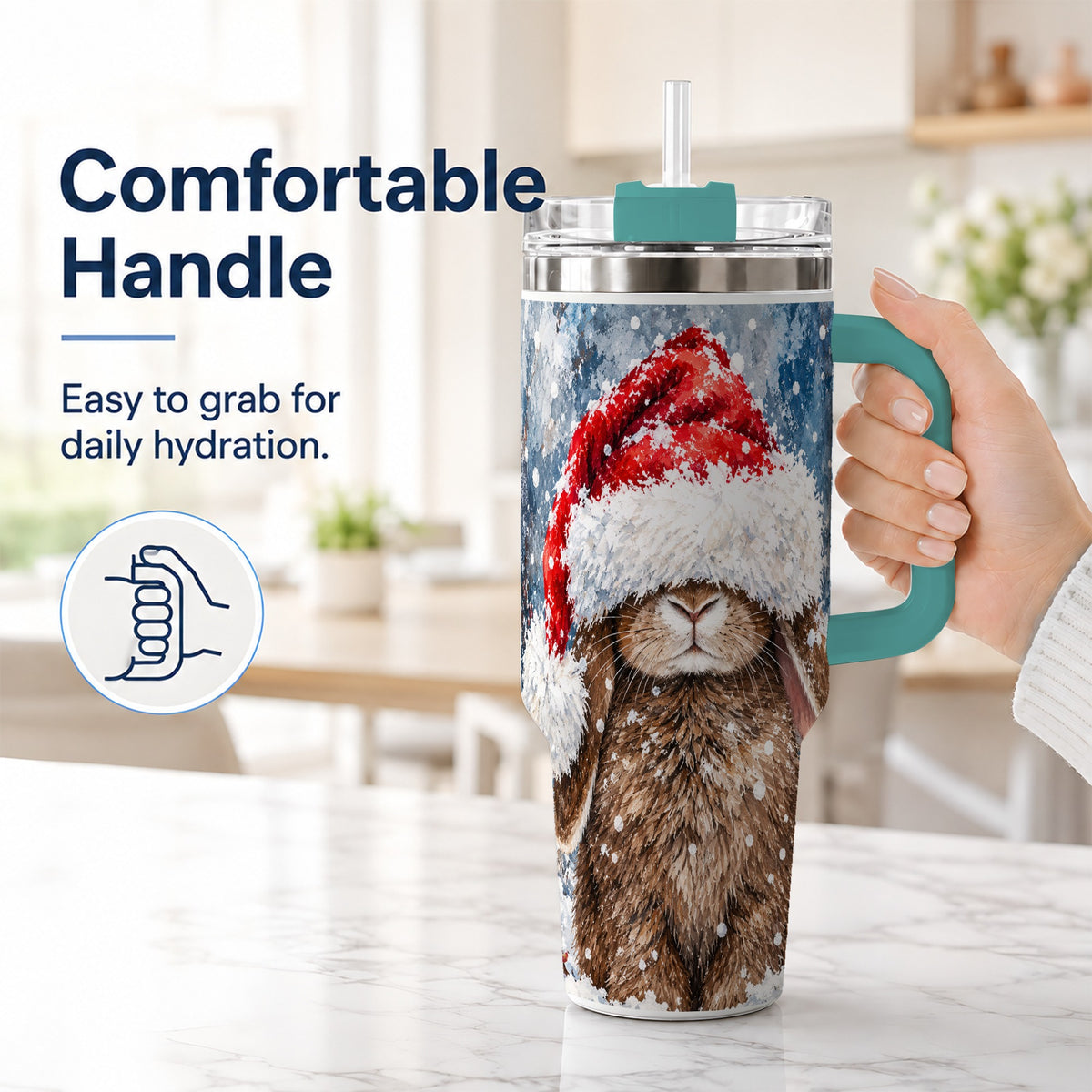 #pl[40oz|Green] Snowy Bunny 40oz Tumbler with Handle, Santa Hat Travel Cup