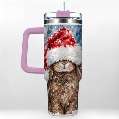 #pl[40oz|Pink] Snowy Bunny 40oz Tumbler with Handle, Santa Hat Travel Cup