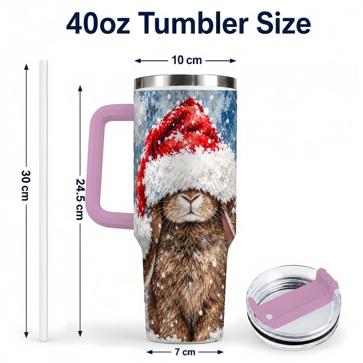 #pl[40oz|Pink] Snowy Bunny 40oz Tumbler with Handle, Santa Hat Travel Cup