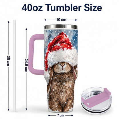 #pl[40oz|Pink] Snowy Bunny 40oz Tumbler with Handle, Santa Hat Travel Cup