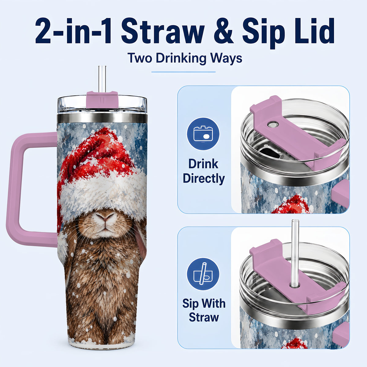#pl[40oz|Pink] Snowy Bunny 40oz Tumbler with Handle, Santa Hat Travel Cup