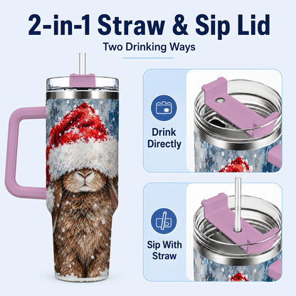 #pl[40oz|Pink] Snowy Bunny 40oz Tumbler with Handle, Santa Hat Travel Cup