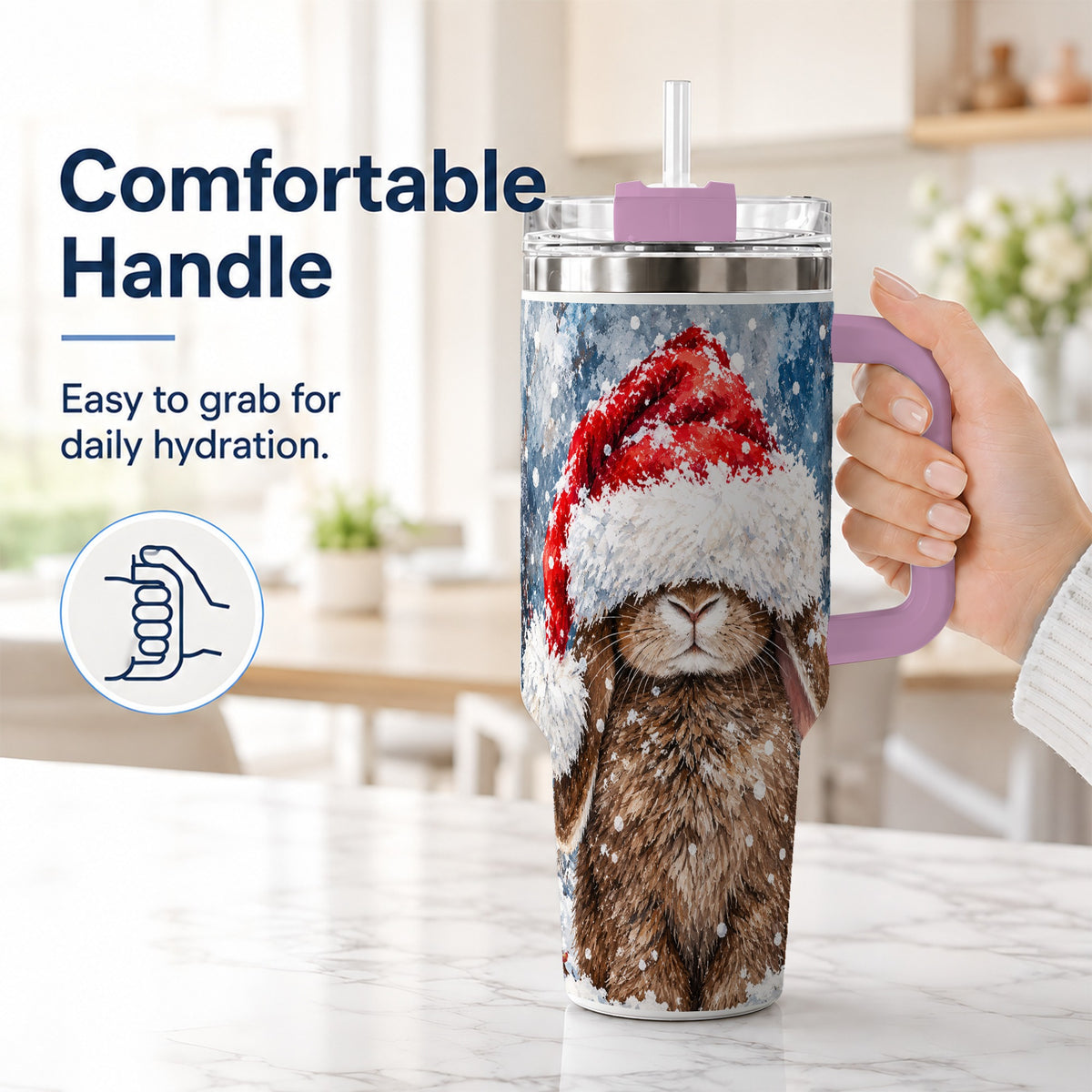 #pl[40oz|Pink] Snowy Bunny 40oz Tumbler with Handle, Santa Hat Travel Cup