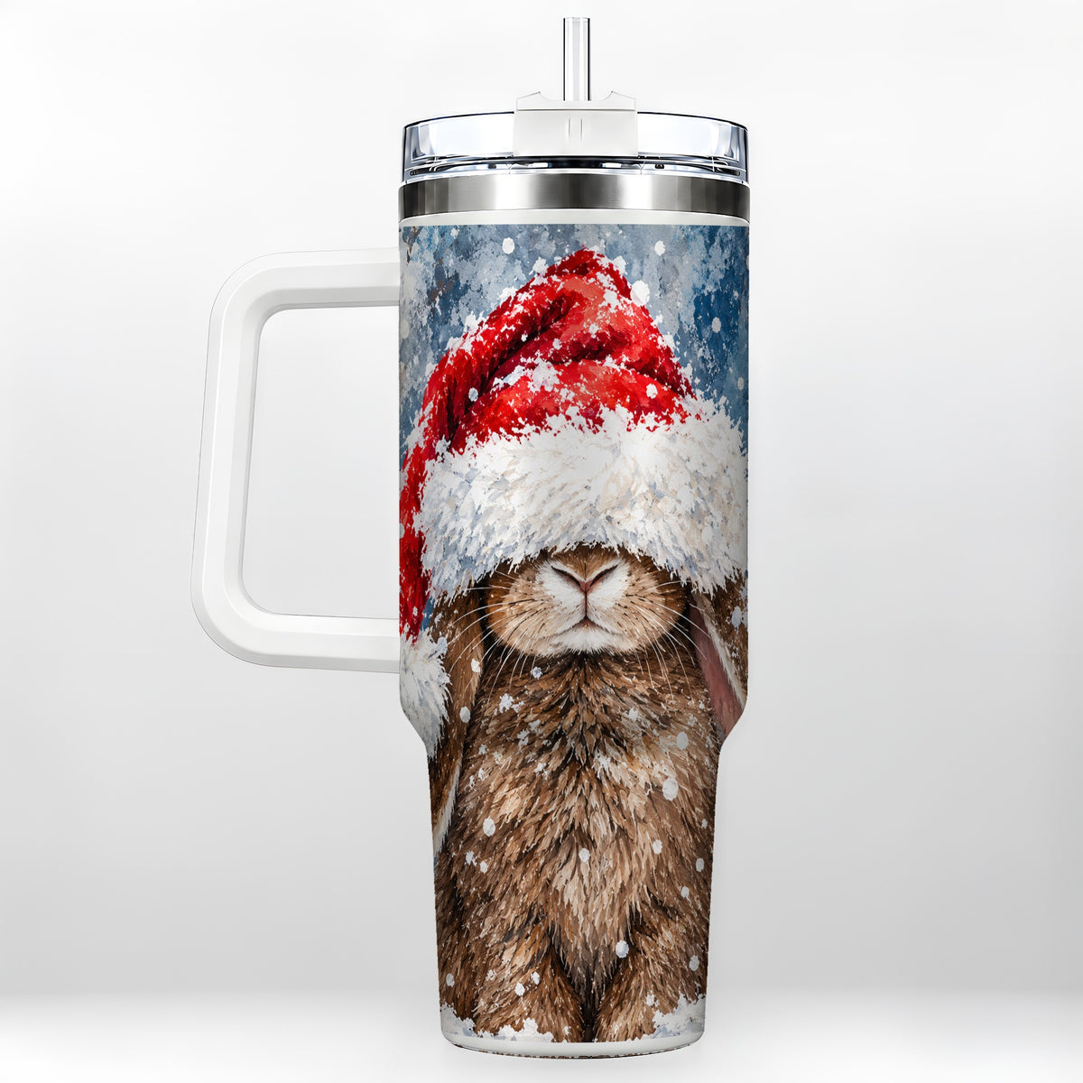 Snowy Bunny 40oz Tumbler with Handle, Santa Hat Travel Cup