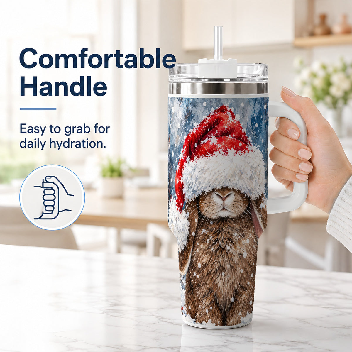 #pl[40oz|White] Snowy Bunny 40oz Tumbler with Handle, Santa Hat Travel Cup