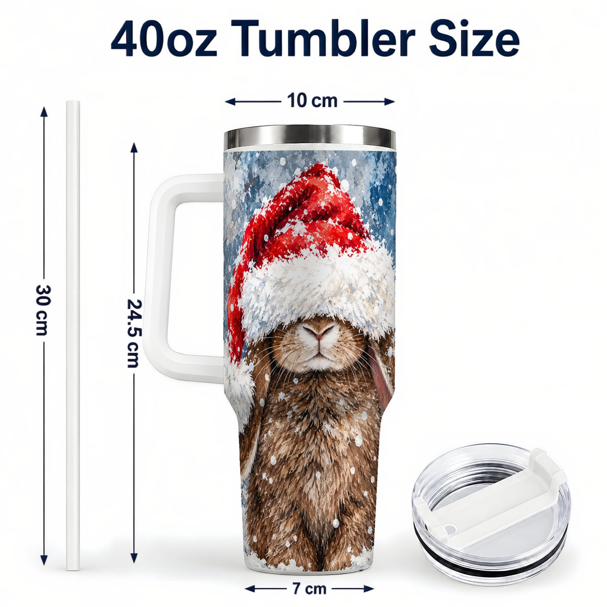 #pl[40oz|White] Snowy Bunny 40oz Tumbler with Handle, Santa Hat Travel Cup