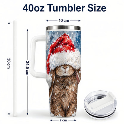 #pl[40oz|White] Snowy Bunny 40oz Tumbler with Handle, Santa Hat Travel Cup