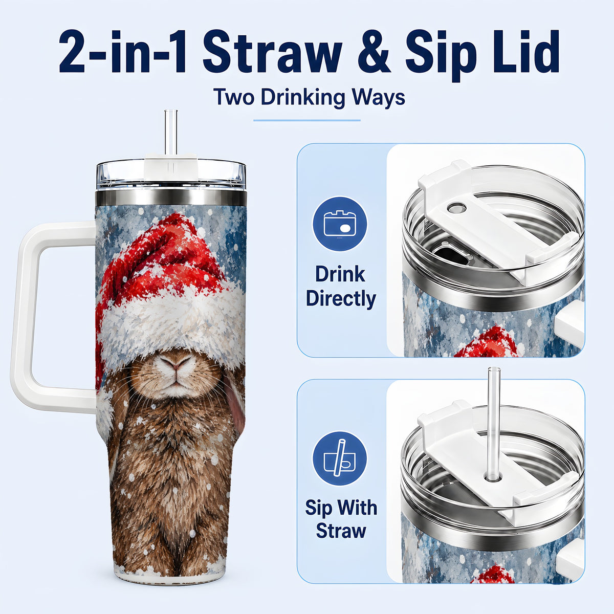 #pl[40oz|White] Snowy Bunny 40oz Tumbler with Handle, Santa Hat Travel Cup