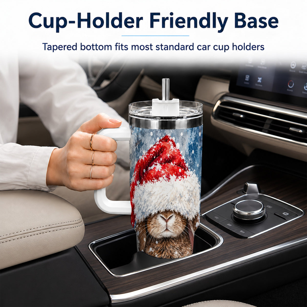 Snowy Bunny 40oz Tumbler with Handle, Santa Hat Travel Cup