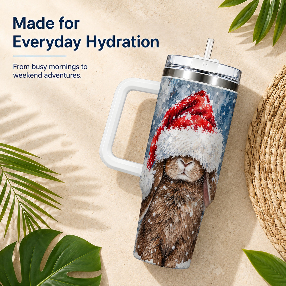 Snowy Bunny 40oz Tumbler with Handle, Santa Hat Travel Cup