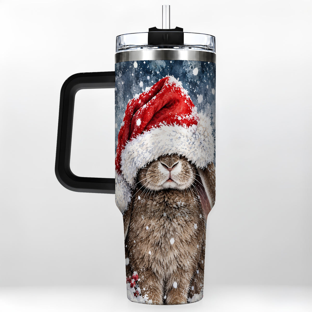 #pl[40oz|Black] Christmas Bunny 40oz Tumbler with Handle, Snowy Rabbit Travel Cup