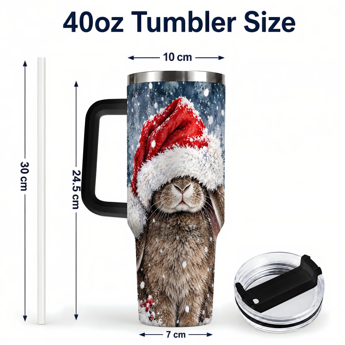#pl[40oz|Black] Christmas Bunny 40oz Tumbler with Handle, Snowy Rabbit Travel Cup