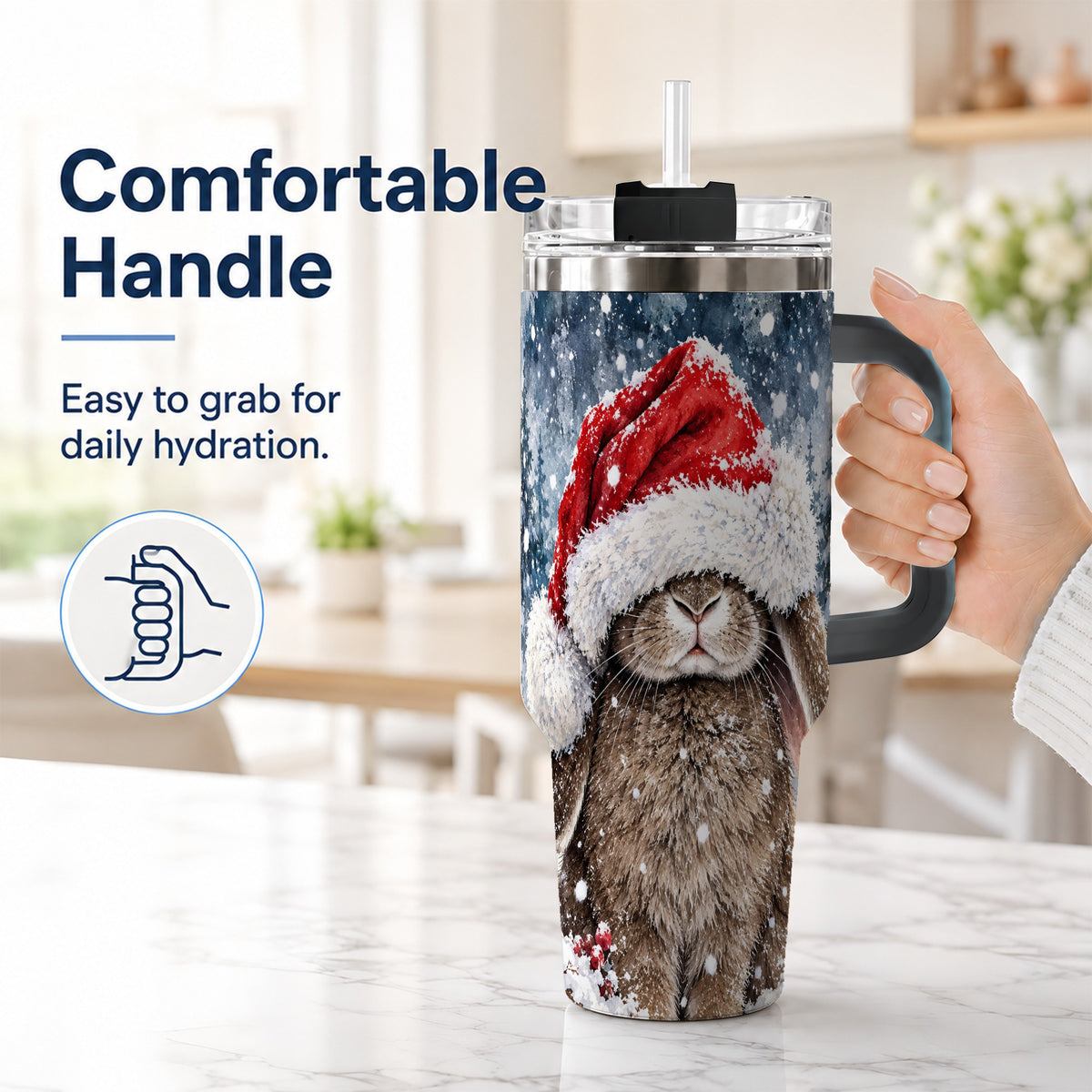 #pl[40oz|Black] Christmas Bunny 40oz Tumbler with Handle, Snowy Rabbit Travel Cup