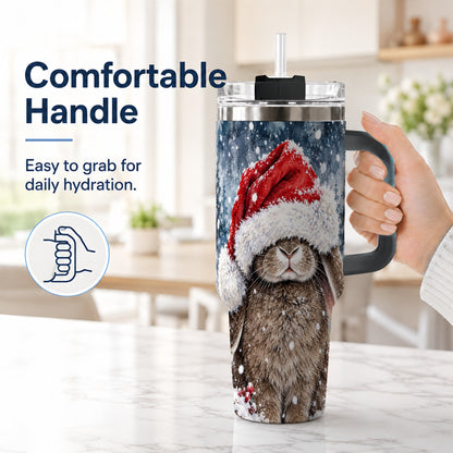 #pl[40oz|Black] Christmas Bunny 40oz Tumbler with Handle, Snowy Rabbit Travel Cup