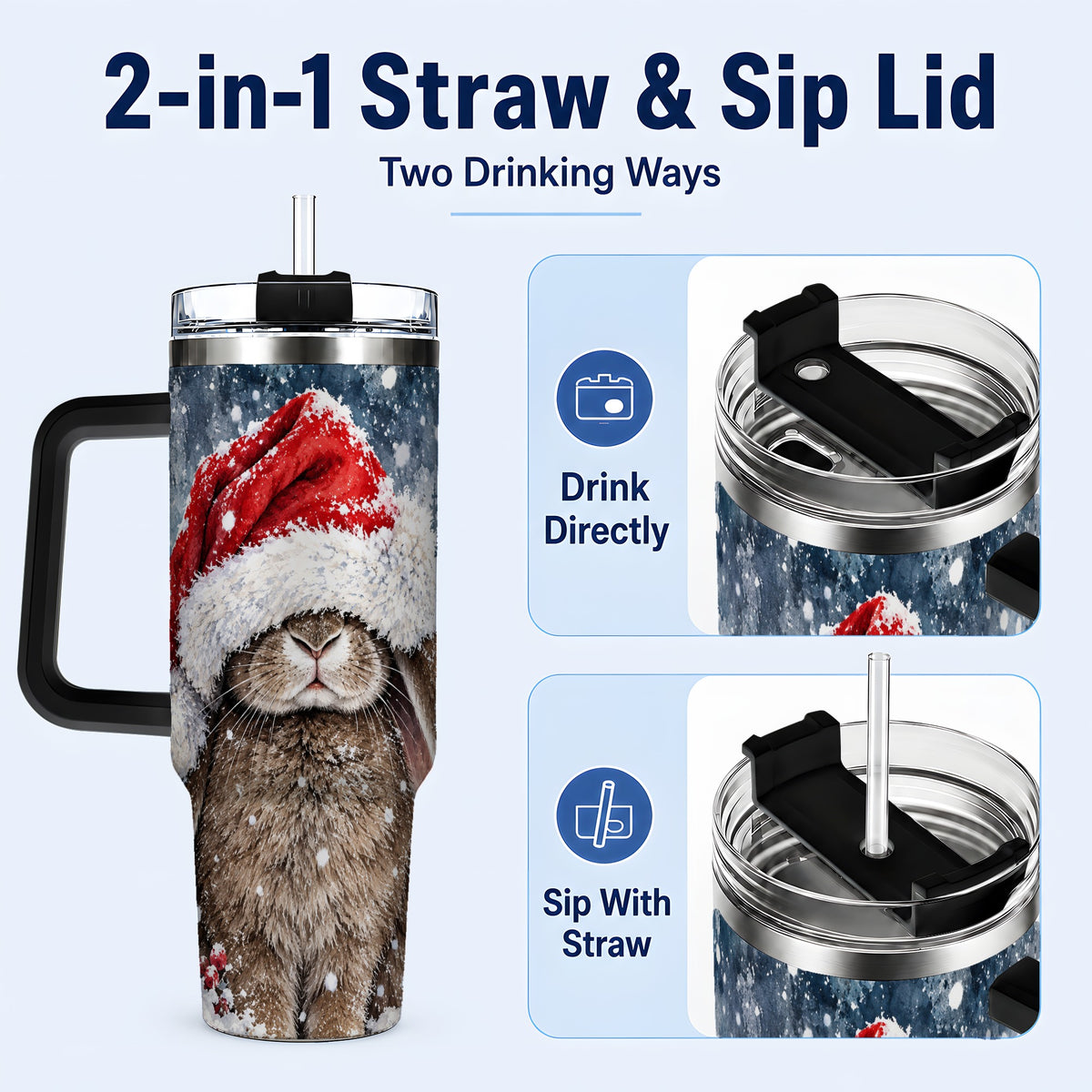 #pl[40oz|Black] Christmas Bunny 40oz Tumbler with Handle, Snowy Rabbit Travel Cup