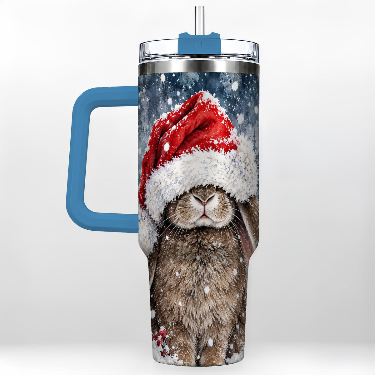#pl[40oz|Blue] Christmas Bunny 40oz Tumbler with Handle, Snowy Rabbit Travel Cup