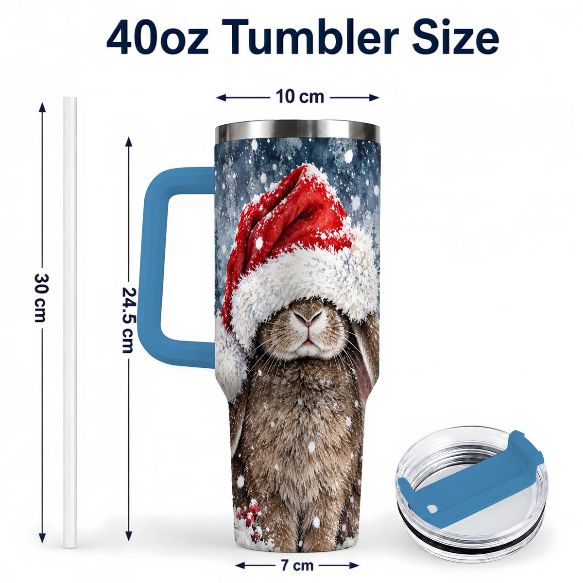 #pl[40oz|Blue] Christmas Bunny 40oz Tumbler with Handle, Snowy Rabbit Travel Cup