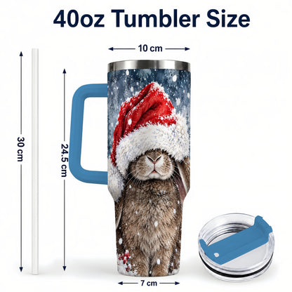 #pl[40oz|Blue] Christmas Bunny 40oz Tumbler with Handle, Snowy Rabbit Travel Cup