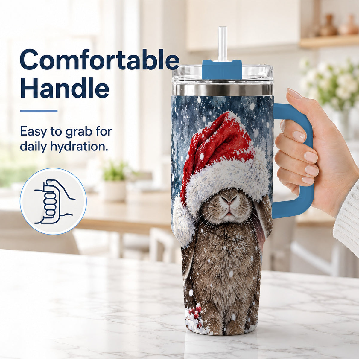 #pl[40oz|Blue] Christmas Bunny 40oz Tumbler with Handle, Snowy Rabbit Travel Cup