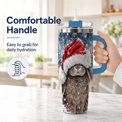 #pl[40oz|Blue] Christmas Bunny 40oz Tumbler with Handle, Snowy Rabbit Travel Cup