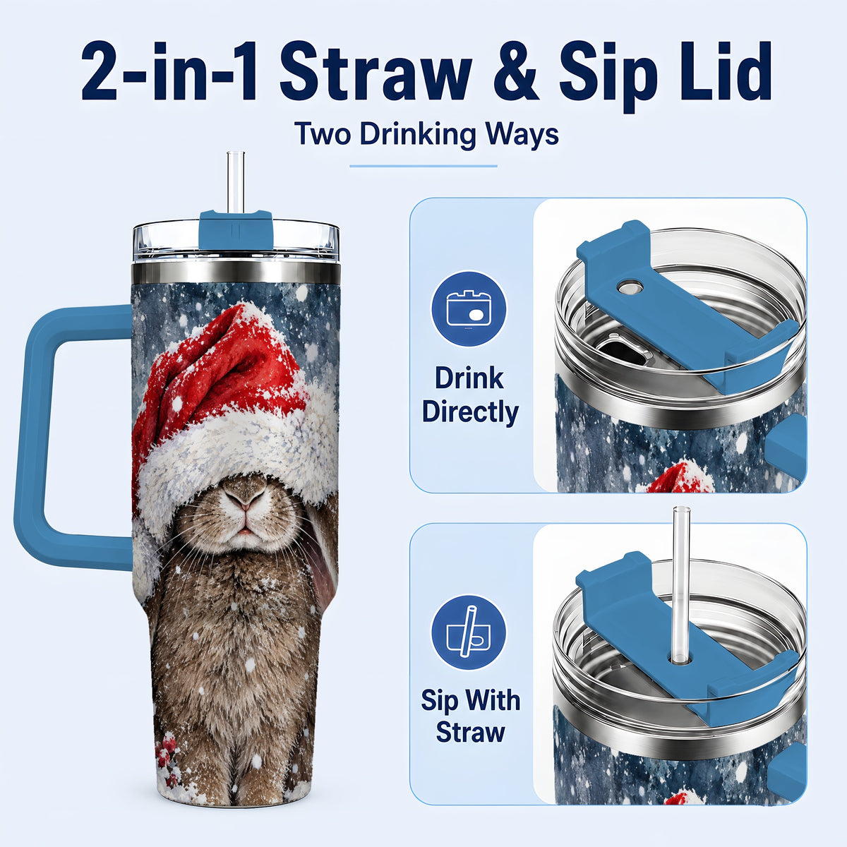 #pl[40oz|Blue] Christmas Bunny 40oz Tumbler with Handle, Snowy Rabbit Travel Cup