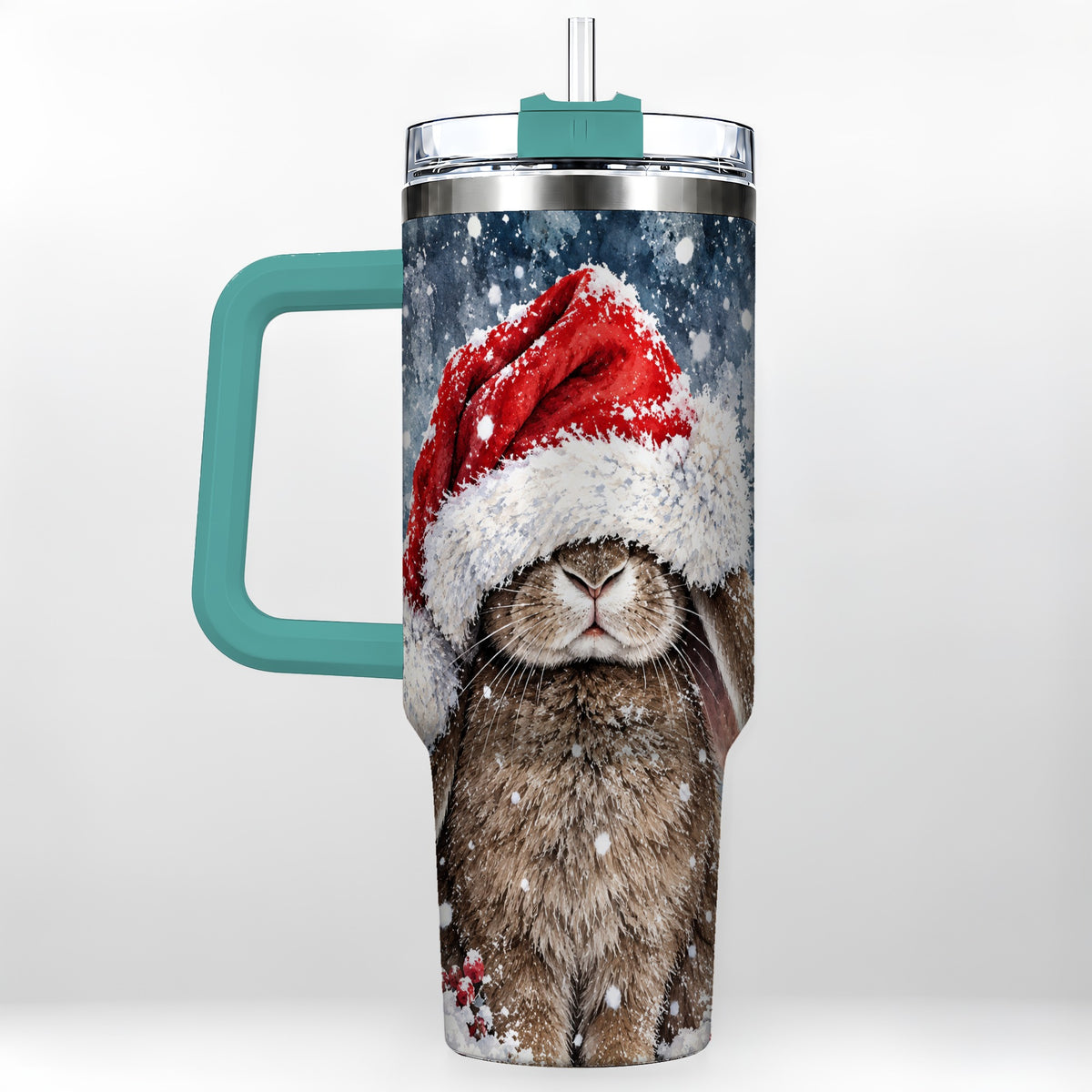 #pl[40oz|Green] Christmas Bunny 40oz Tumbler with Handle, Snowy Rabbit Travel Cup