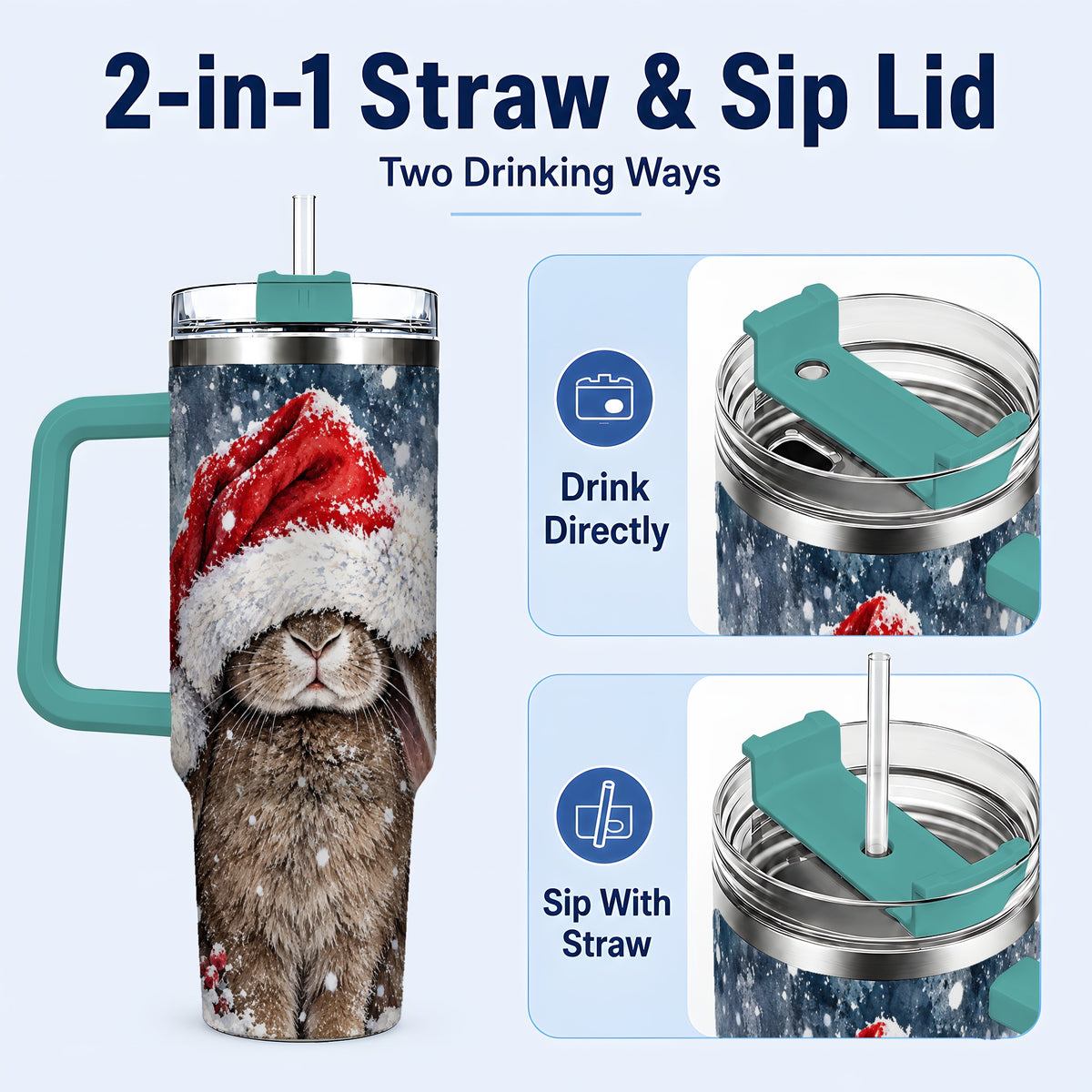 #pl[40oz|Green] Christmas Bunny 40oz Tumbler with Handle, Snowy Rabbit Travel Cup
