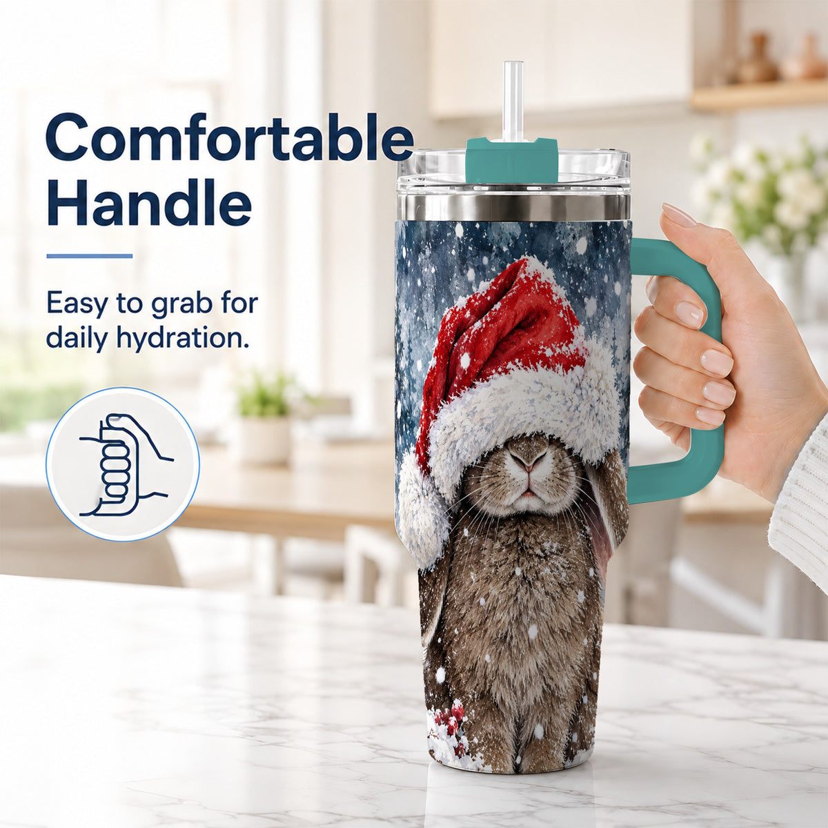 #pl[40oz|Green] Christmas Bunny 40oz Tumbler with Handle, Snowy Rabbit Travel Cup