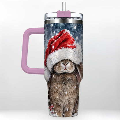 #pl[40oz|Pink] Christmas Bunny 40oz Tumbler with Handle, Snowy Rabbit Travel Cup