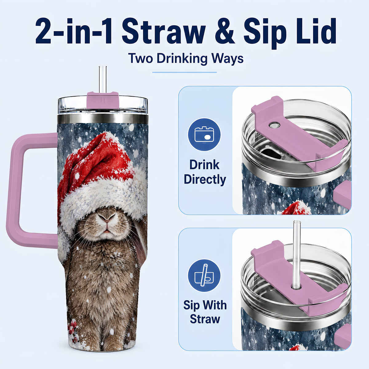 #pl[40oz|Pink] Christmas Bunny 40oz Tumbler with Handle, Snowy Rabbit Travel Cup