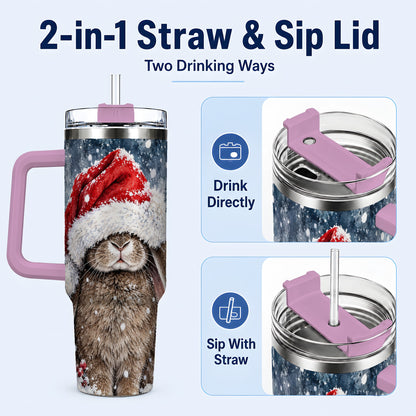 #pl[40oz|Pink] Christmas Bunny 40oz Tumbler with Handle, Snowy Rabbit Travel Cup