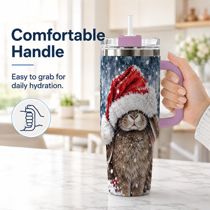 #pl[40oz|Pink] Christmas Bunny 40oz Tumbler with Handle, Snowy Rabbit Travel Cup